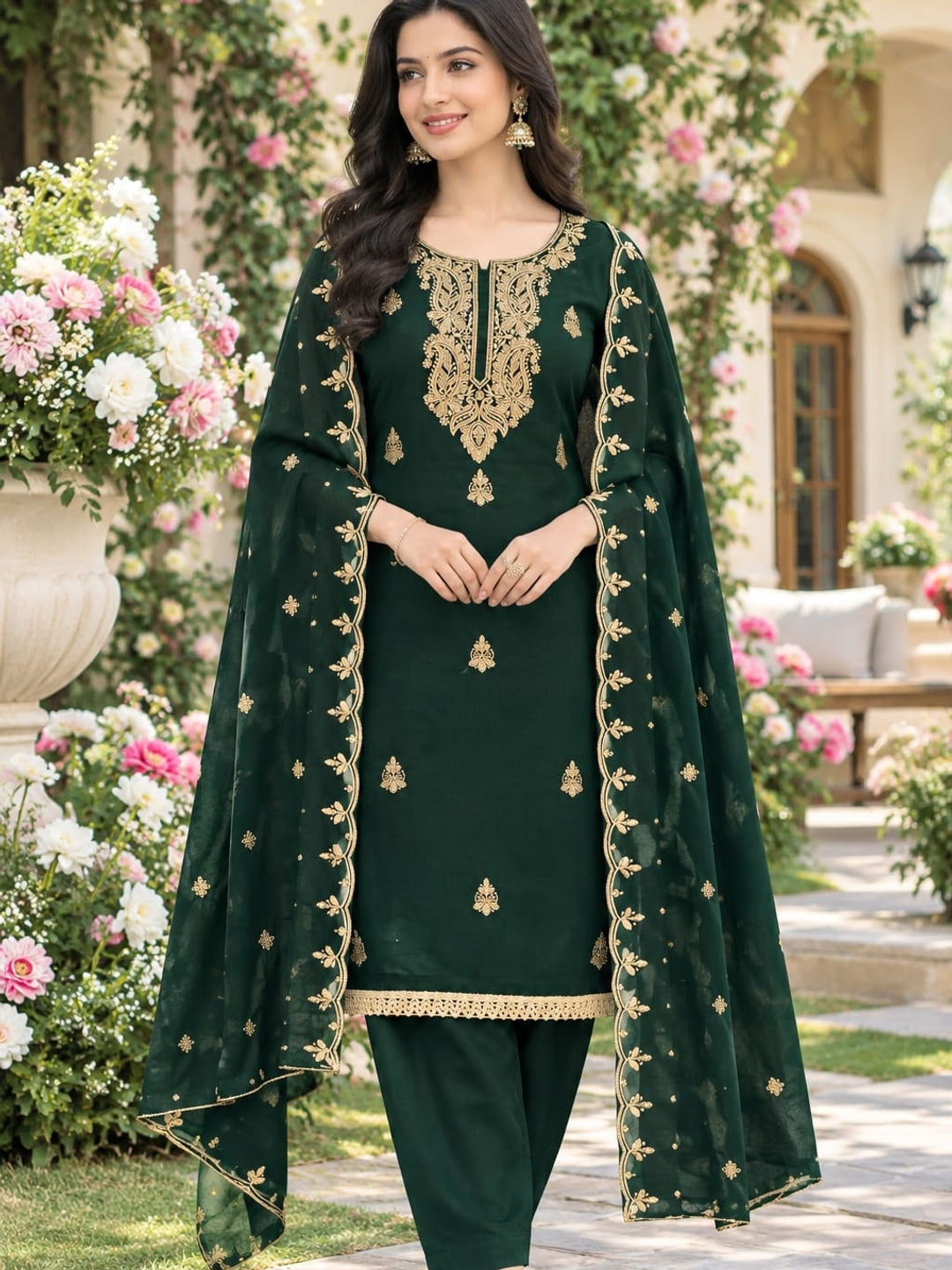 Peachmode Green Paisley Embroidered Georgette Dress Material - Image 2