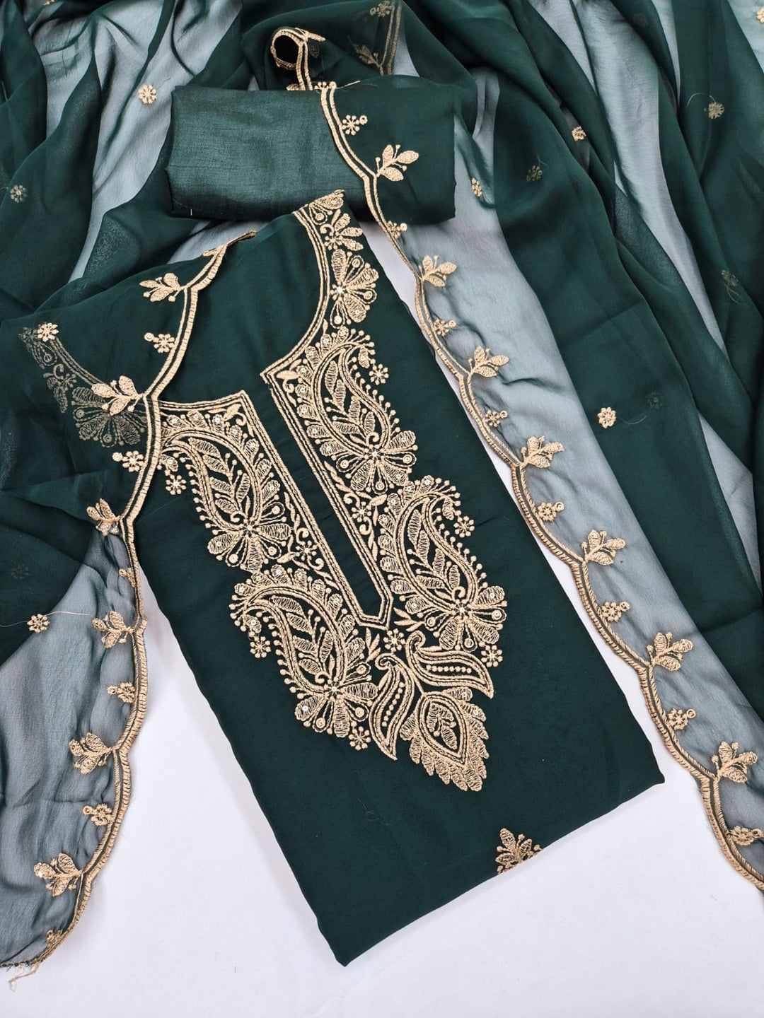 Peachmode Green Paisley Embroidered Georgette Dress Material - Image 4