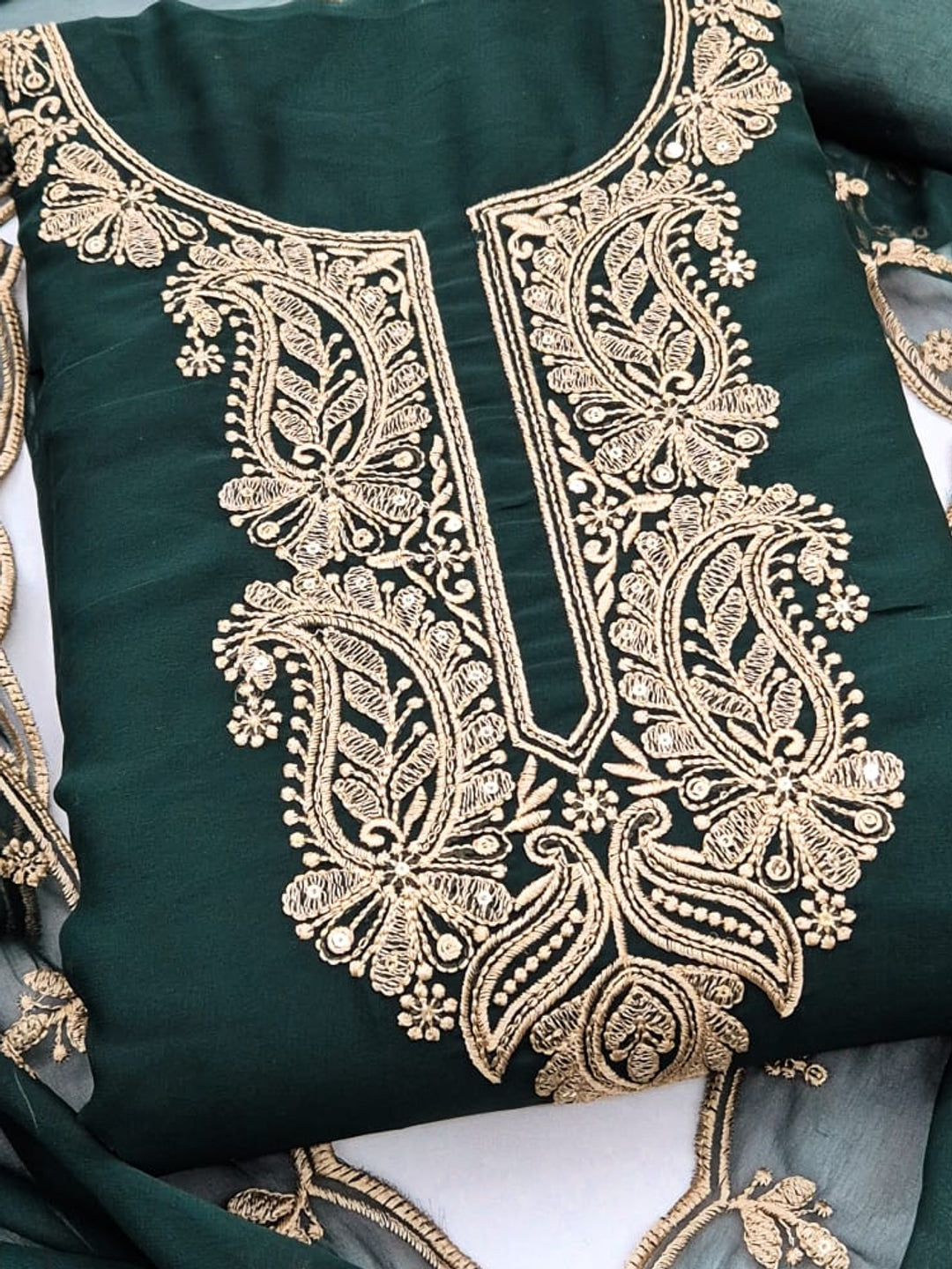 Peachmode Green Paisley Embroidered Georgette Dress Material - Image 5