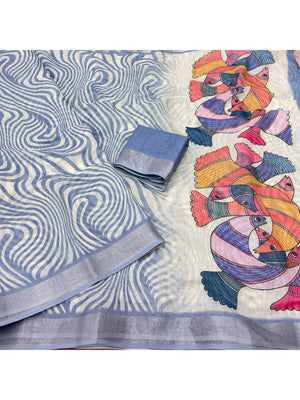 Peachmode Blue Abstract Print Linen Cotton Saree - Image 2