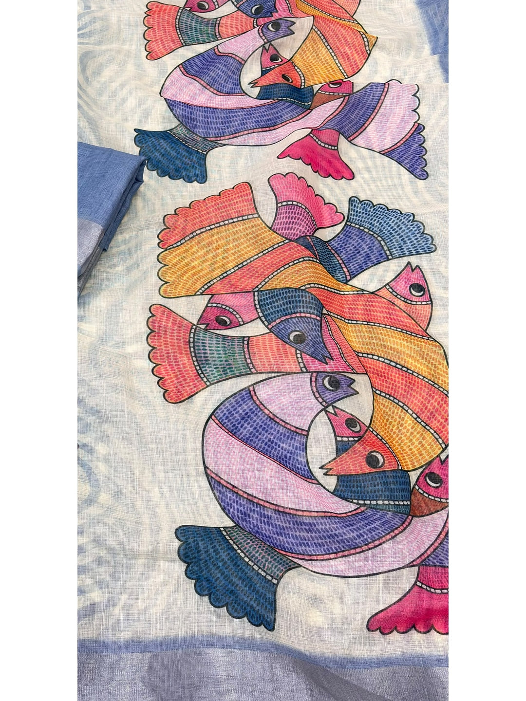 Peachmode Blue Abstract Print Linen Cotton Saree - Image 4