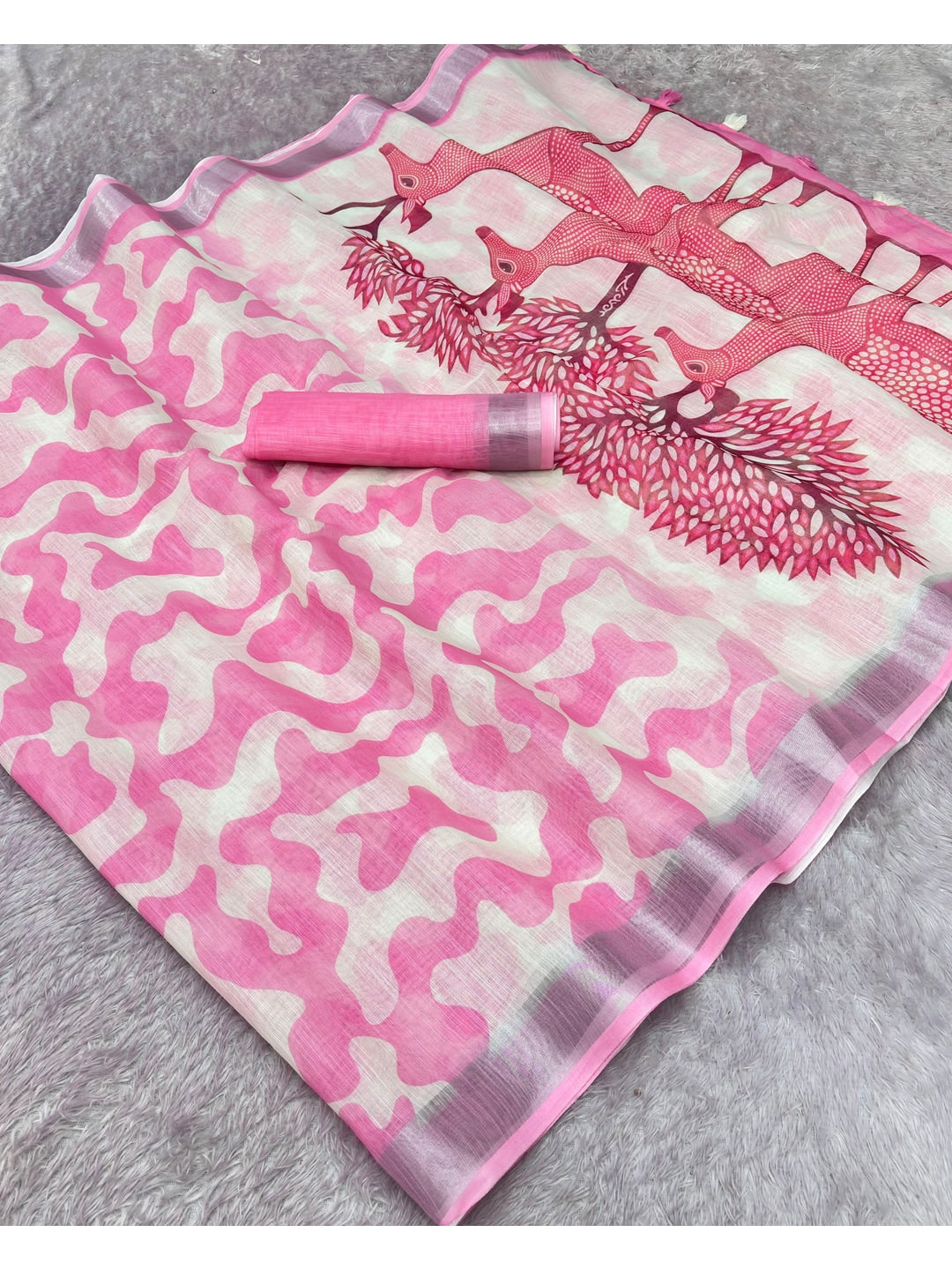 Peachmode Pink Abstract Print Linen Cotton Saree - Image 1