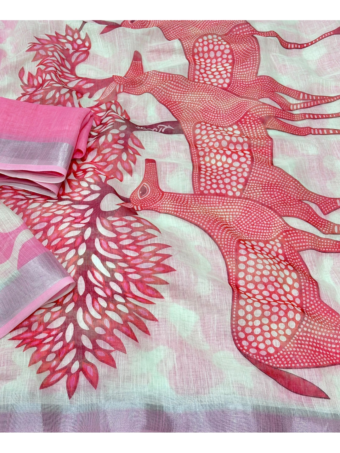 Peachmode Pink Abstract Print Linen Cotton Saree - Image 4