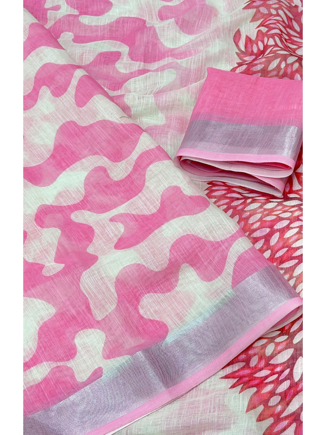 Peachmode Pink Abstract Print Linen Cotton Saree - Image 5