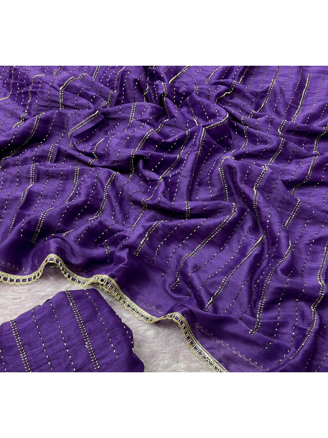 Peachmode Violet Beads Work Star Georgette Saree - Image 2