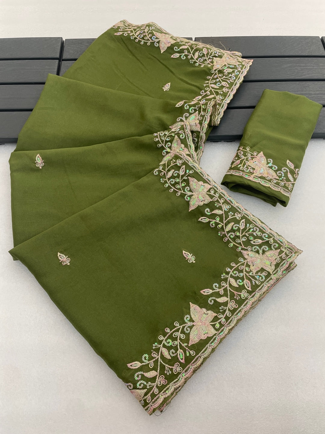 Peachmode Mehndi Embroidered Georgette Silk Saree - Image 1