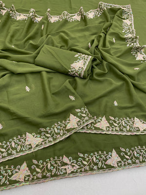 Peachmode Mehndi Embroidered Georgette Silk Saree - Image 2