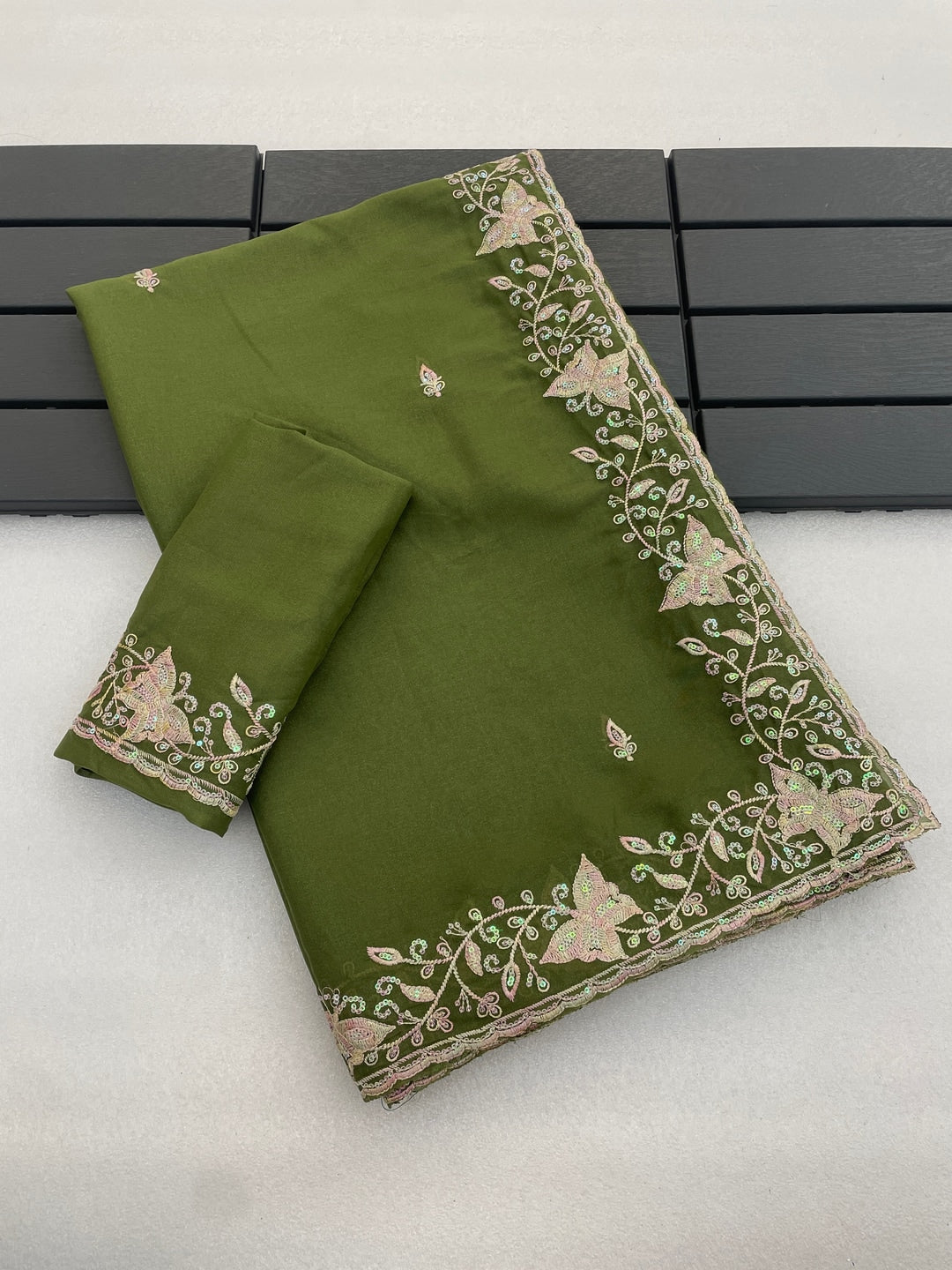 Peachmode Mehndi Embroidered Georgette Silk Saree - Image 3