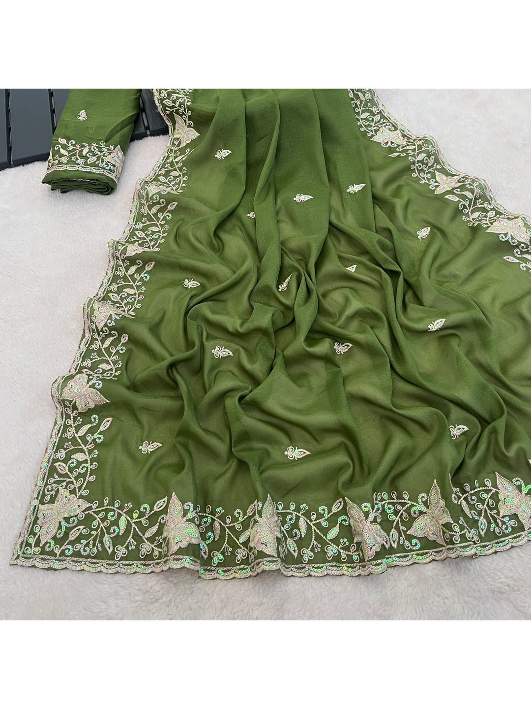 Peachmode Mehndi Embroidered Georgette Silk Saree - Image 4