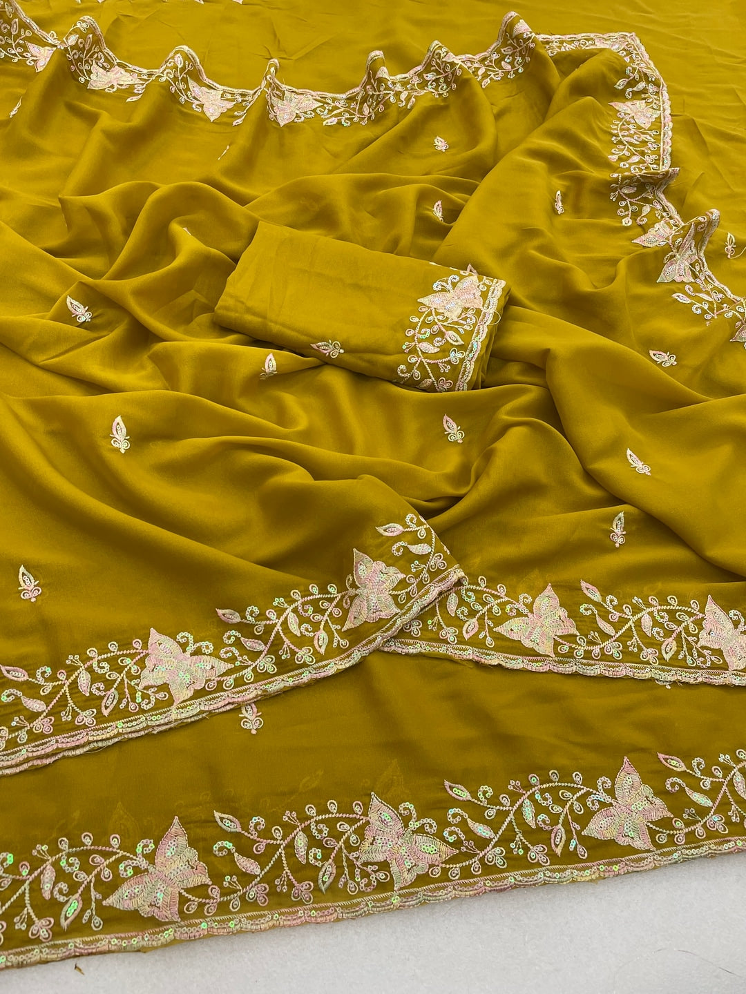Peachmode Mustard Embroidered Georgette Silk Saree - Image 2