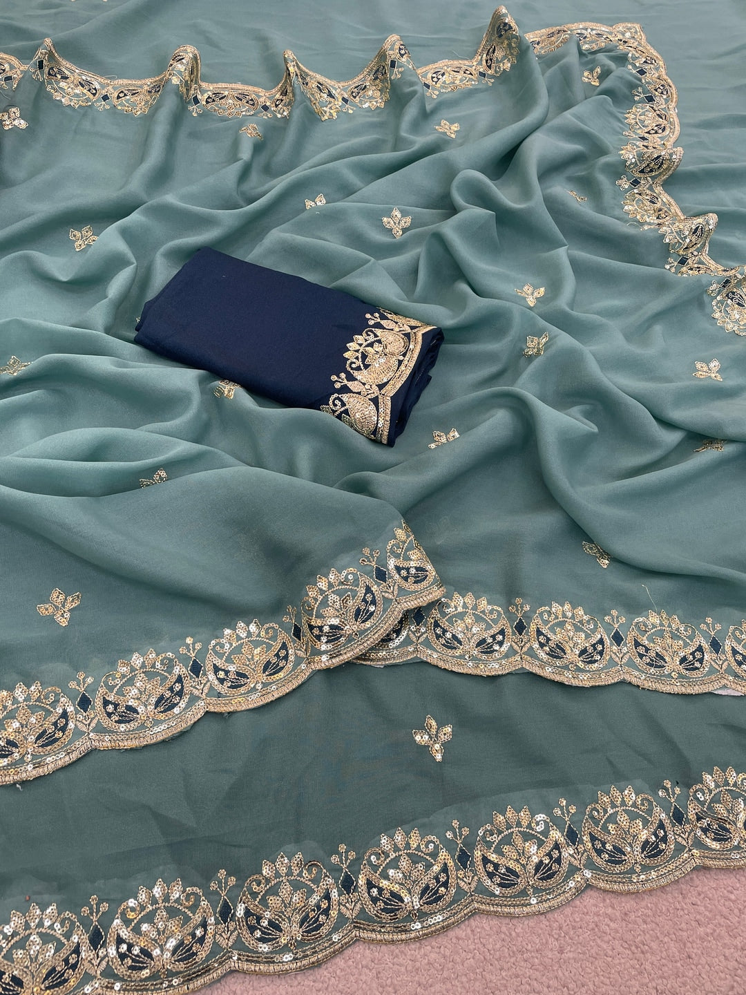 Peachmode Turquoise Embroidered Georgette Silk Saree - Image 3