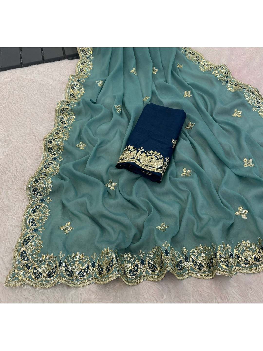 Peachmode Turquoise Embroidered Georgette Silk Saree - Image 5