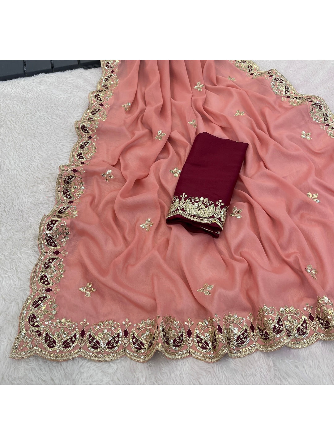 Peachmode Peach Embroidered Georgette Silk Saree - Image 5