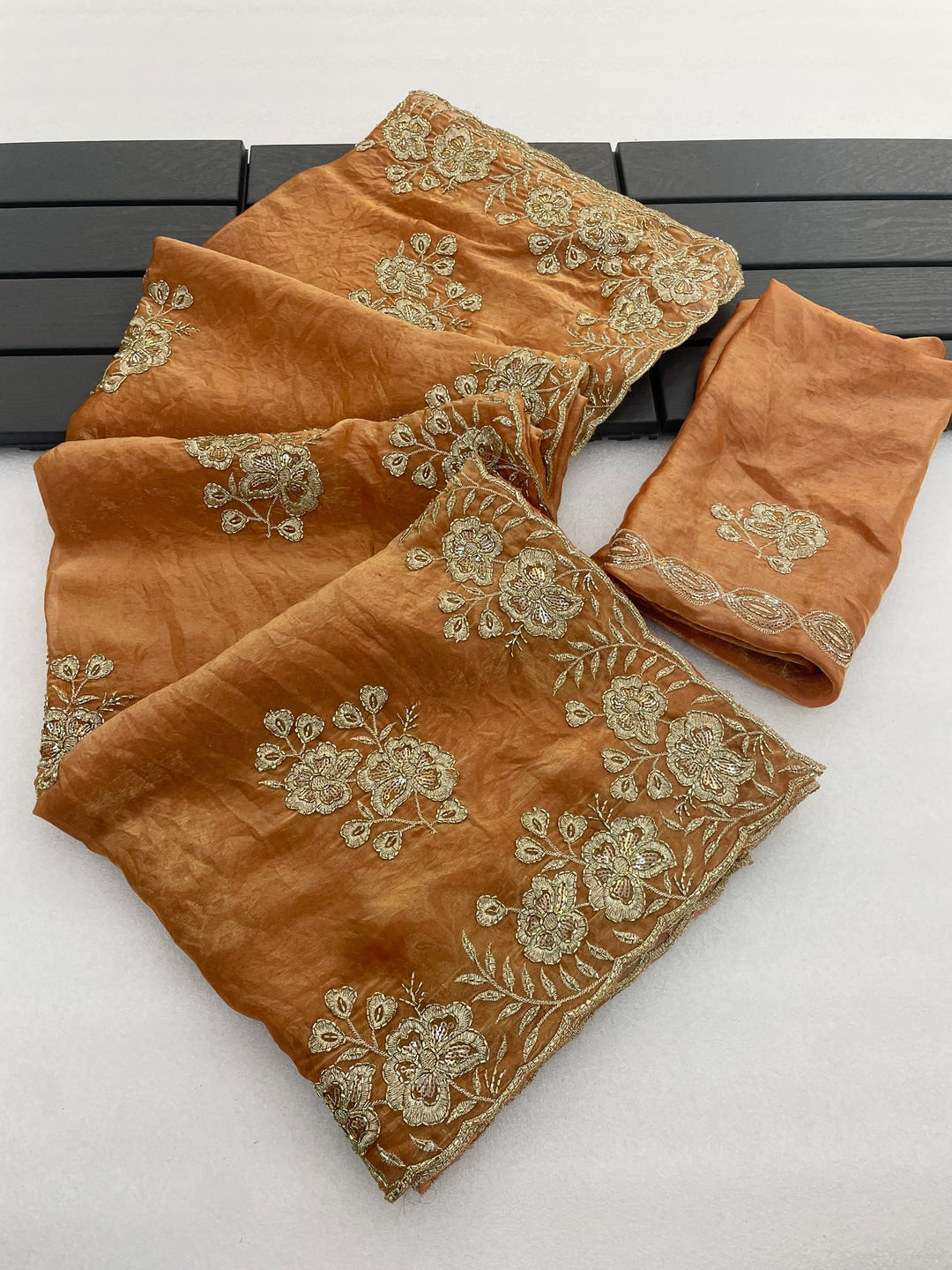 Peachmode Gold Orange Embroidered Fendy Silk Saree - Image 1