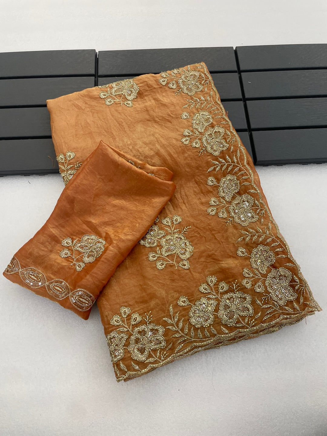 Peachmode Gold Orange Embroidered Fendy Silk Saree - Image 2
