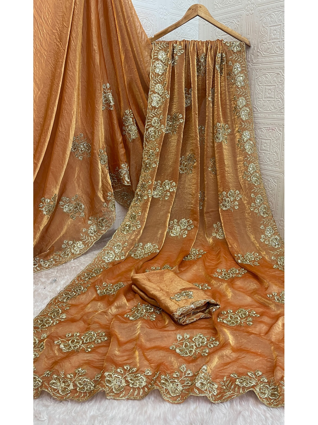Peachmode Gold Orange Embroidered Fendy Silk Saree - Image 6