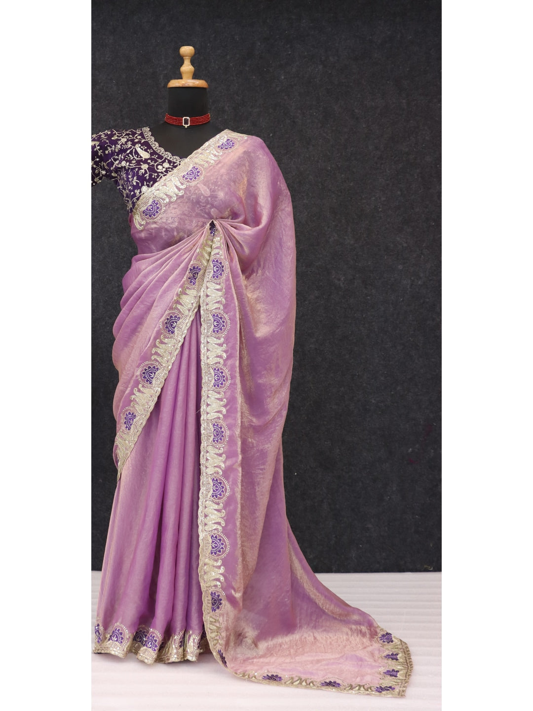 Peachmode Lavender Embroidered Fendy Satin Silk Saree With Stitched Blouse - Image 2
