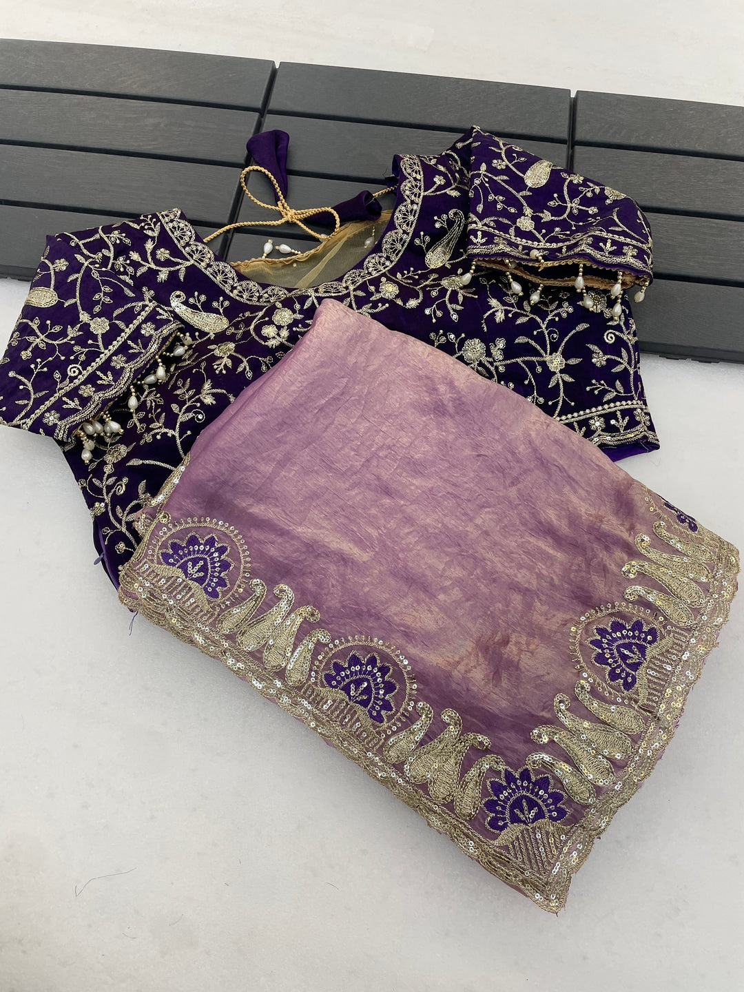 Peachmode Lavender Embroidered Fendy Satin Silk Saree With Stitched Blouse - Image 1