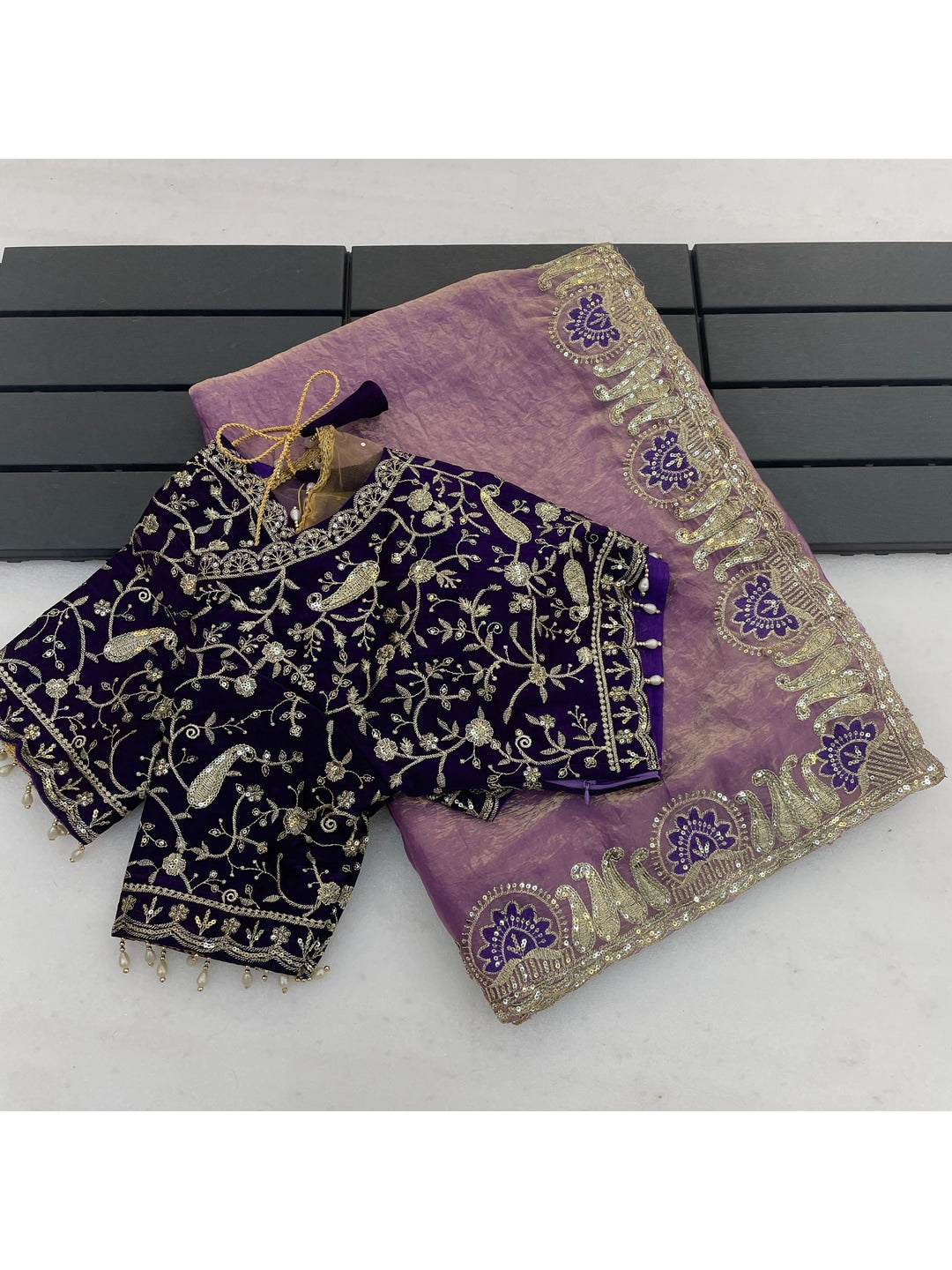 Peachmode Lavender Embroidered Fendy Satin Silk Saree With Stitched Blouse - Image 4
