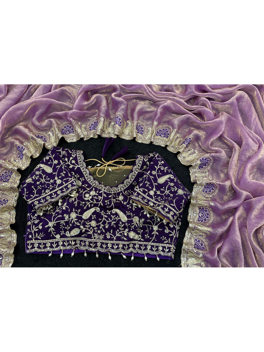Peachmode Lavender Embroidered Fendy Satin Silk Saree With Stitched Blouse - Image 5