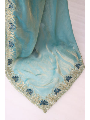 Peachmode Sky Blue Embroidered Fendy Satin Silk Saree With Stitched Blouse - Image 2