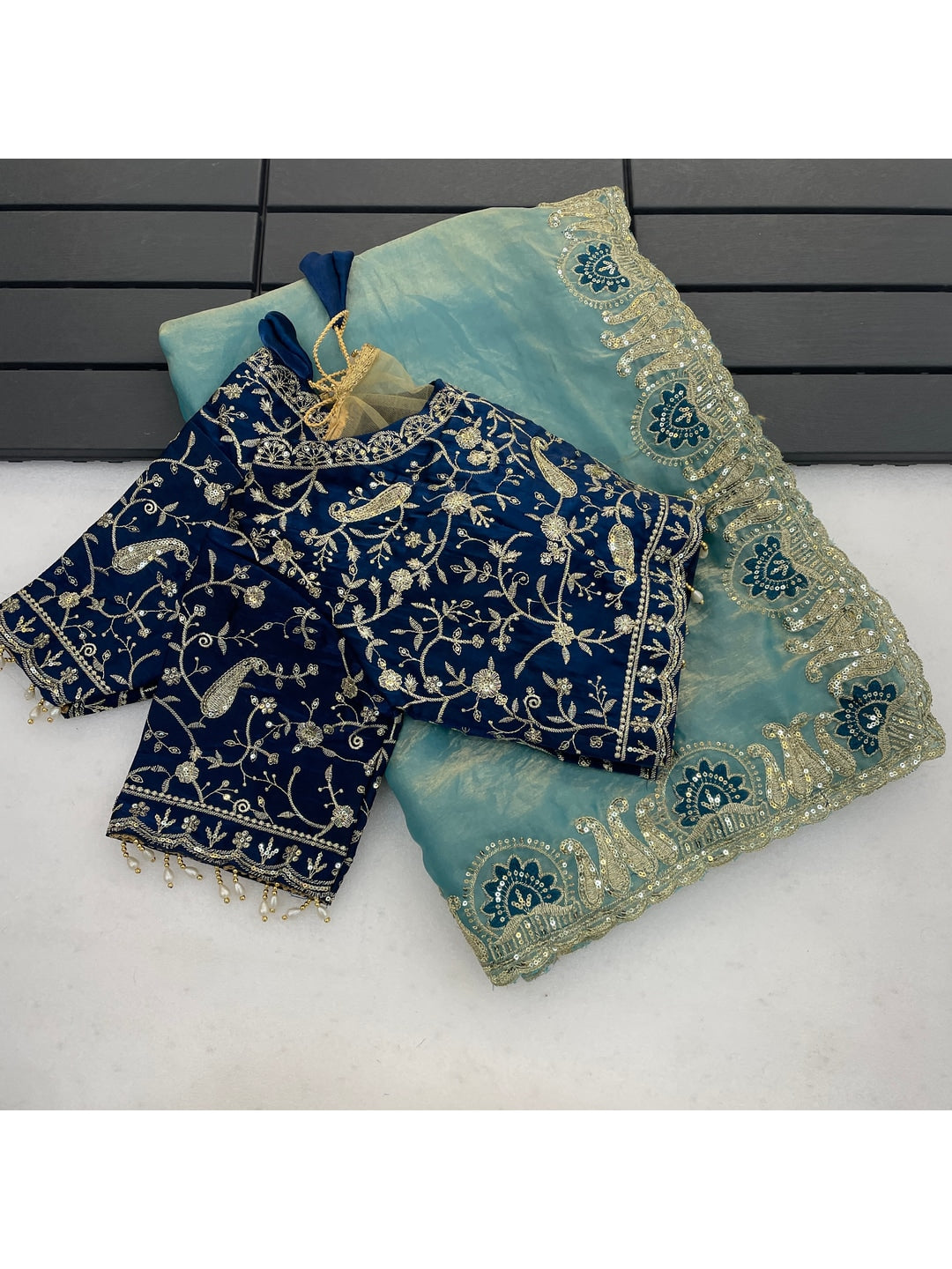 Peachmode Sky Blue Embroidered Fendy Satin Silk Saree With Stitched Blouse - Image 4