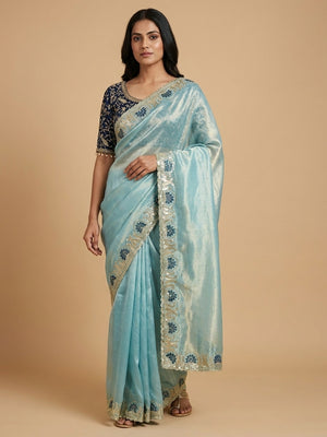 Peachmode Sky Blue Embroidered Fendy Satin Silk Saree With Stitched Blouse - Image 1