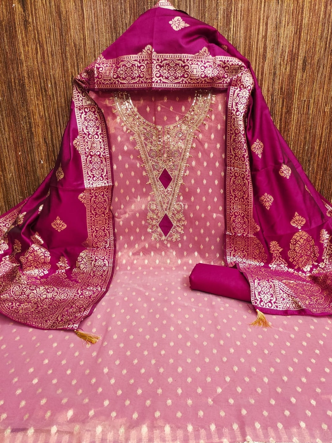 Peachmode Pink Embroidered Shimmer Jacquard Dress Material - Image 3