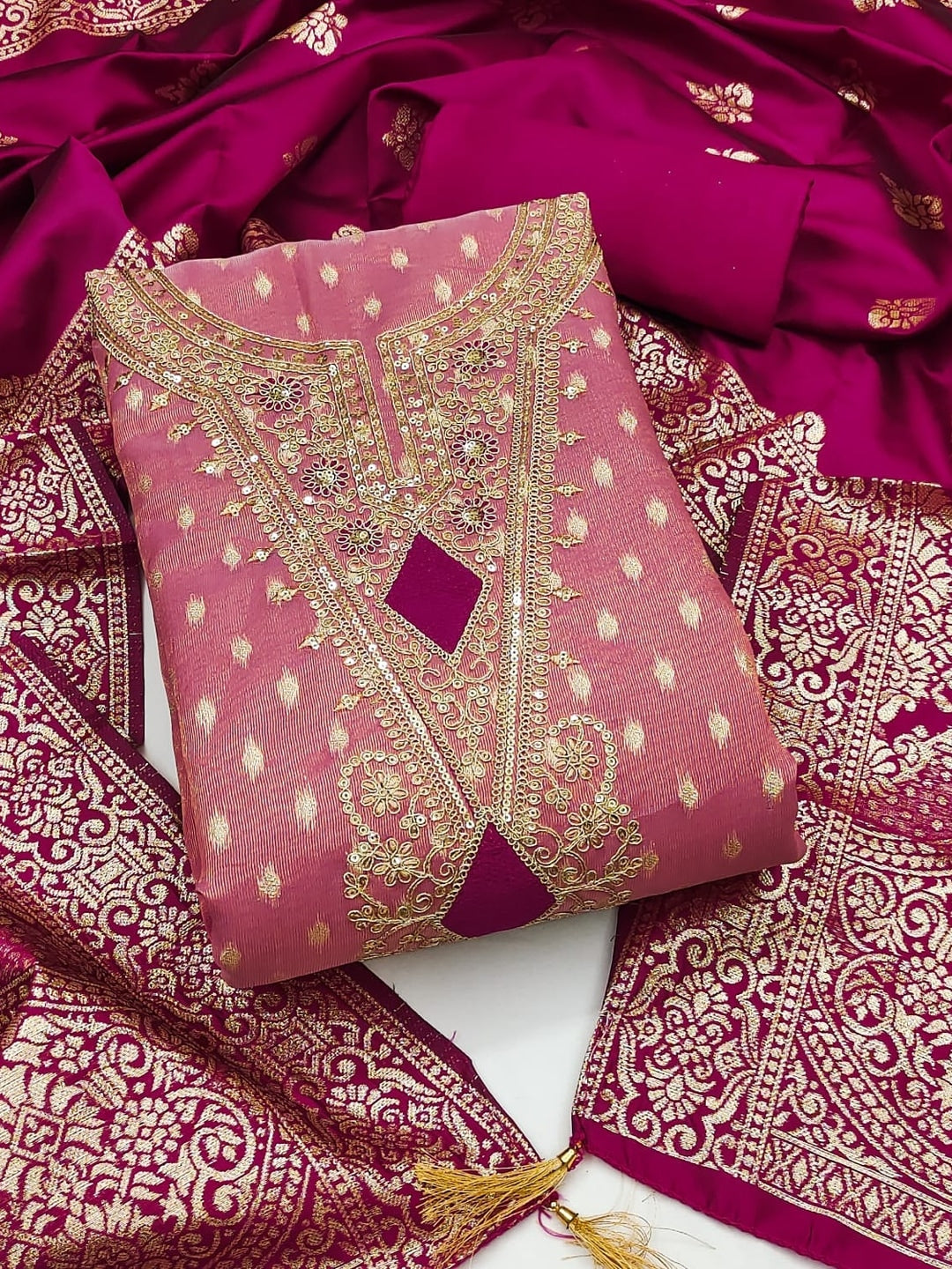 Peachmode Pink Embroidered Shimmer Jacquard Dress Material - Image 4