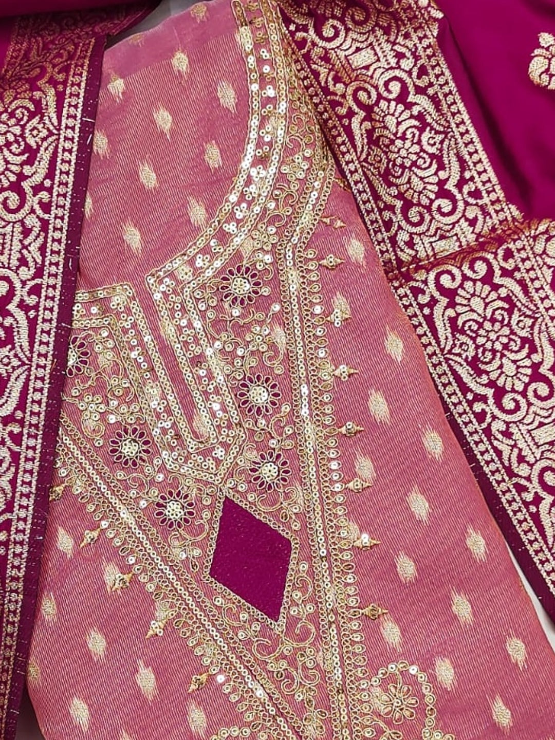 Peachmode Pink Embroidered Shimmer Jacquard Dress Material - Image 5