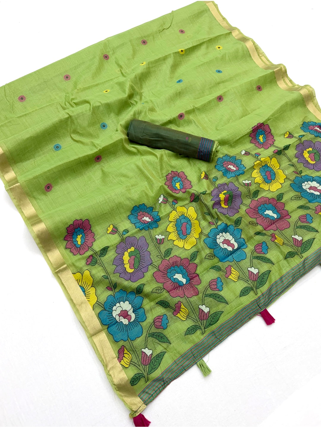 Peachmode Green Woven Cotton Blend Saree - Image 1