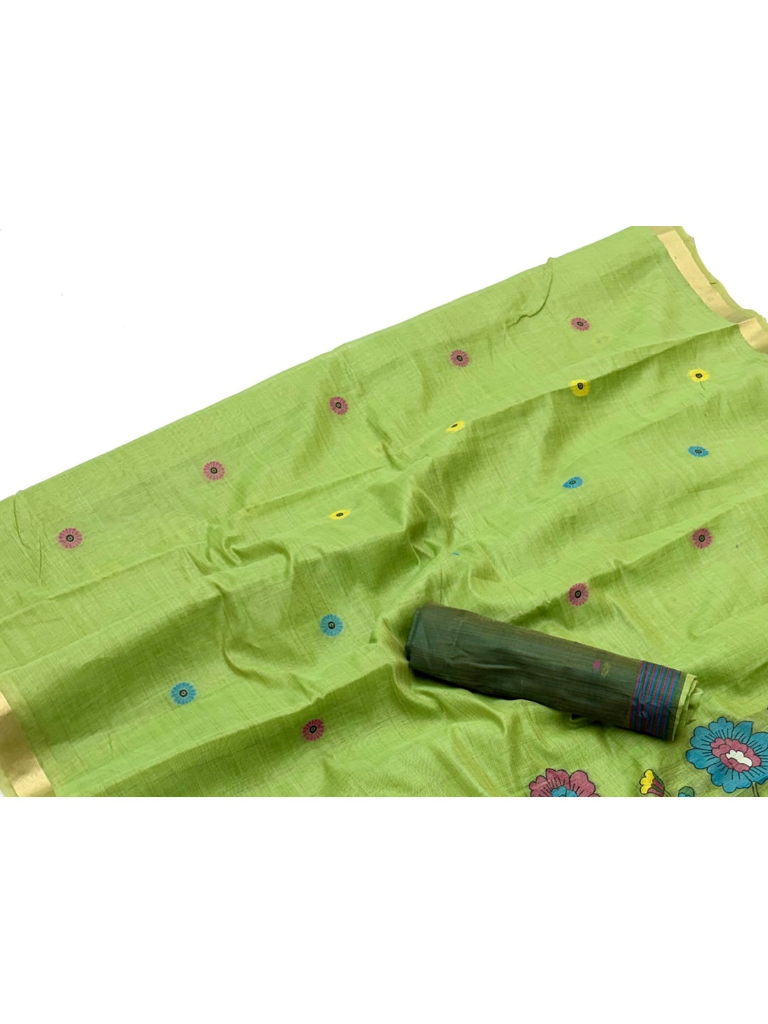 Peachmode Green Woven Cotton Blend Saree - Image 5