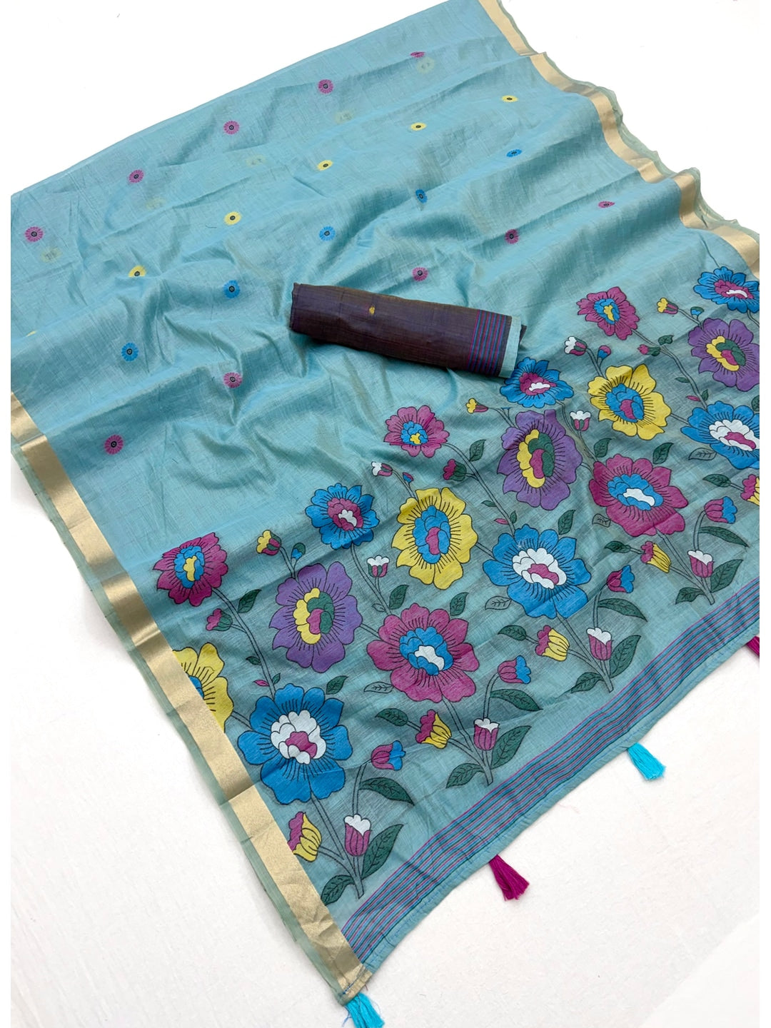 Peachmode Sky Blue Woven Cotton Blend Saree - Image 1