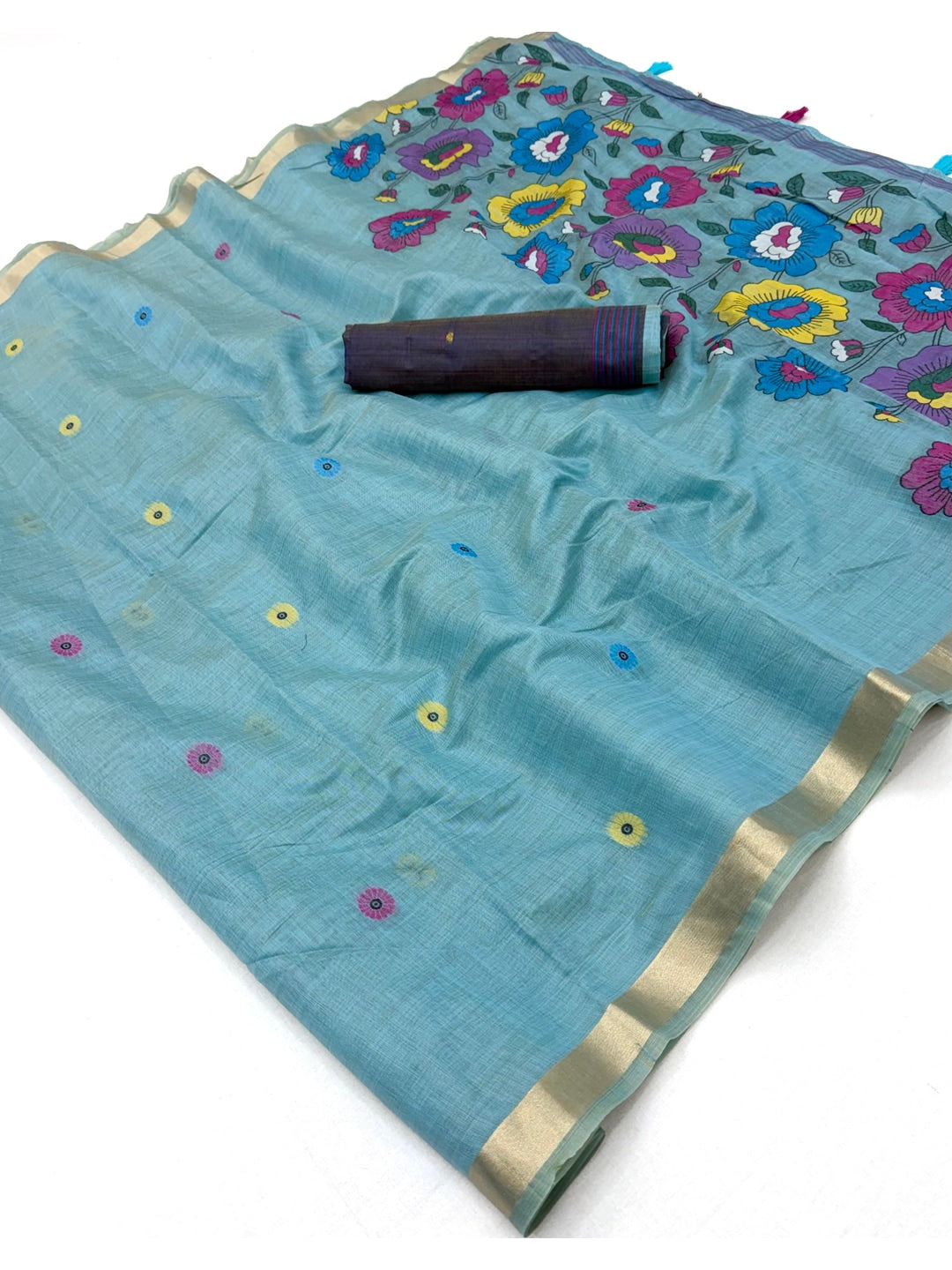 Peachmode Sky Blue Woven Cotton Blend Saree - Image 2