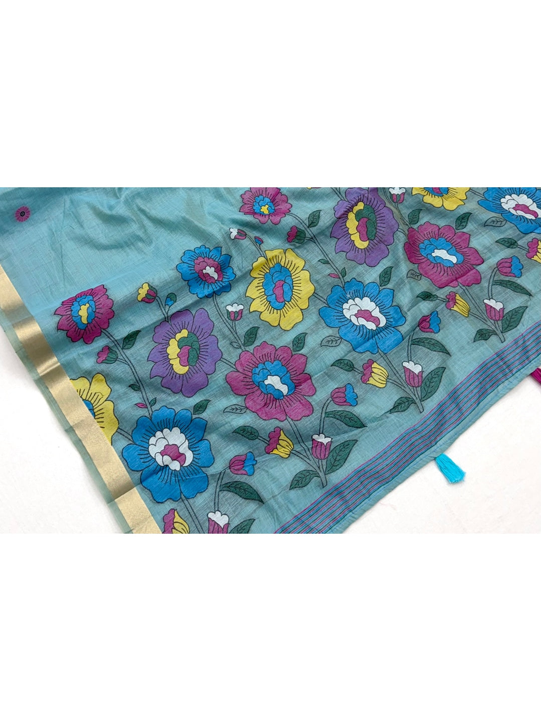 Peachmode Sky Blue Woven Cotton Blend Saree - Image 3