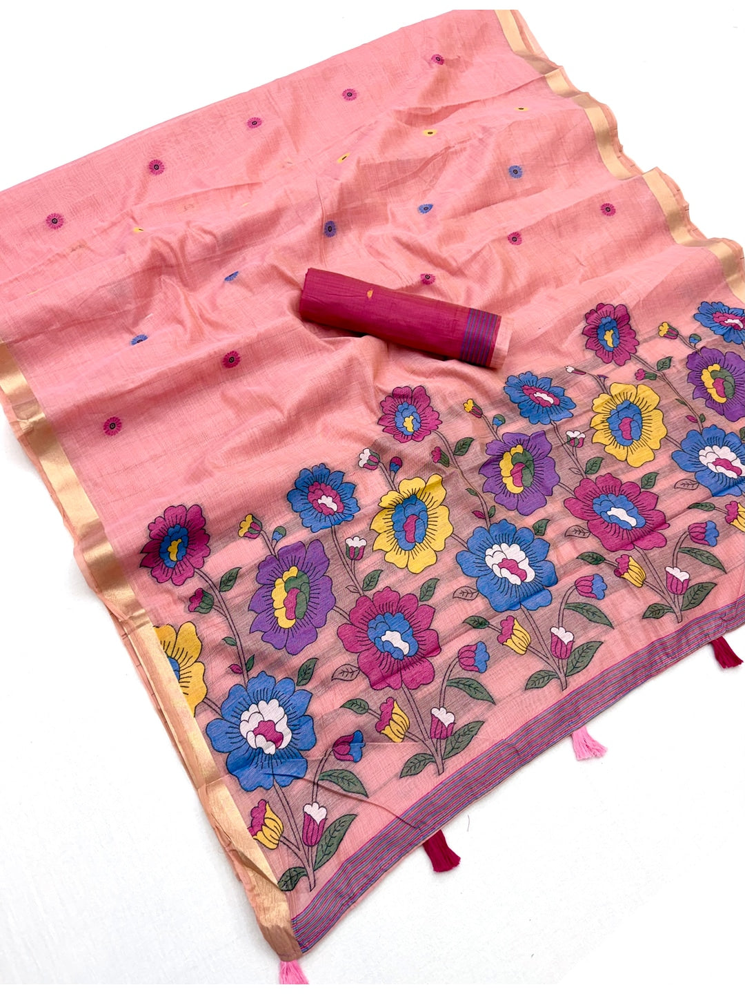 Peachmode Pink Woven Cotton Blend Saree - Image 1