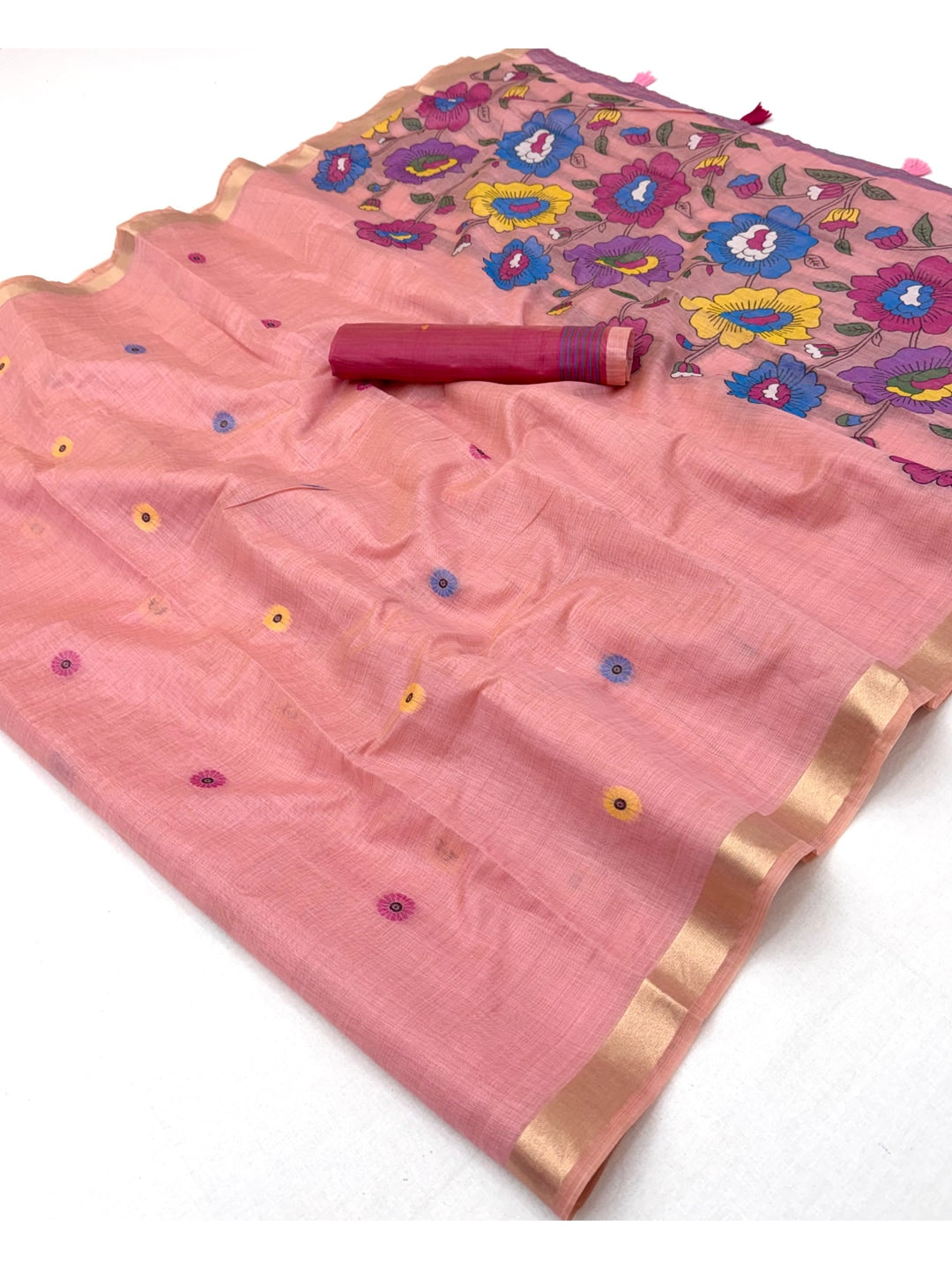 Peachmode Pink Woven Cotton Blend Saree - Image 2