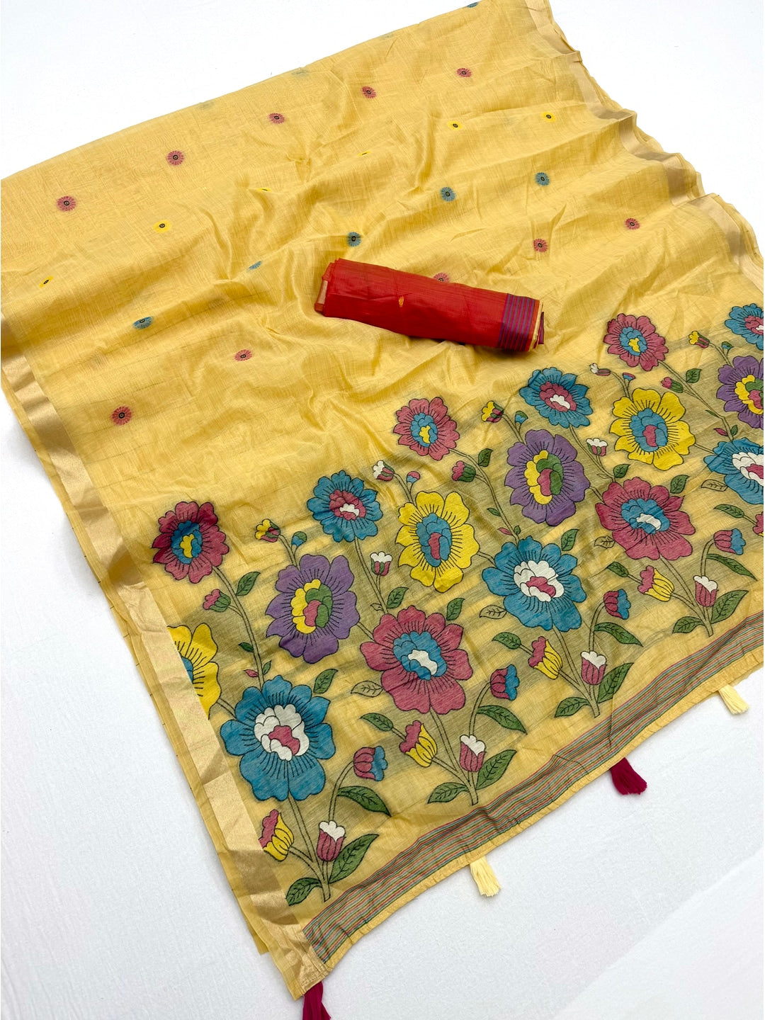 Peachmode Yellow Woven Cotton Blend Saree - Image 1
