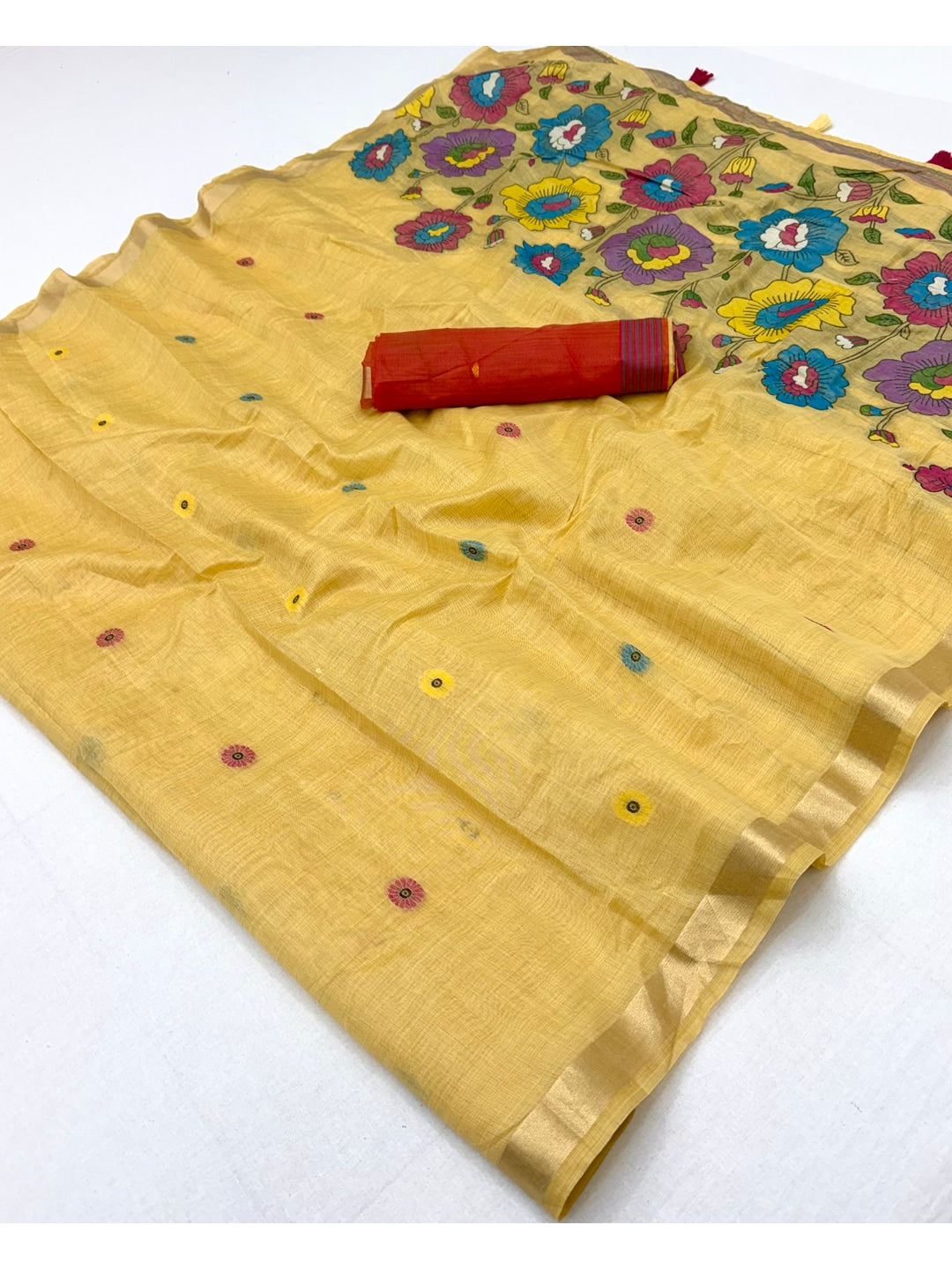 Peachmode Yellow Woven Cotton Blend Saree - Image 2