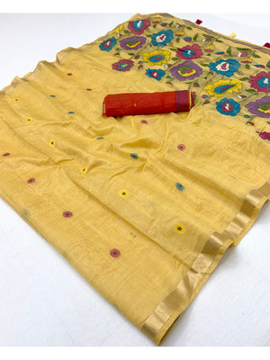 Peachmode Yellow Woven Cotton Blend Saree - Image 2