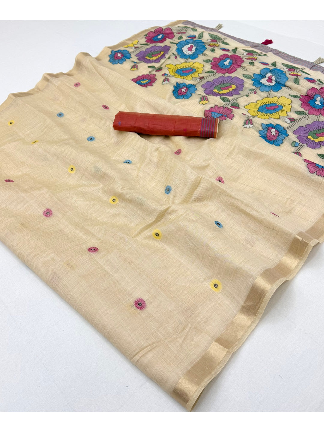 Peachmode Cream Woven Cotton Blend Saree - Image 2