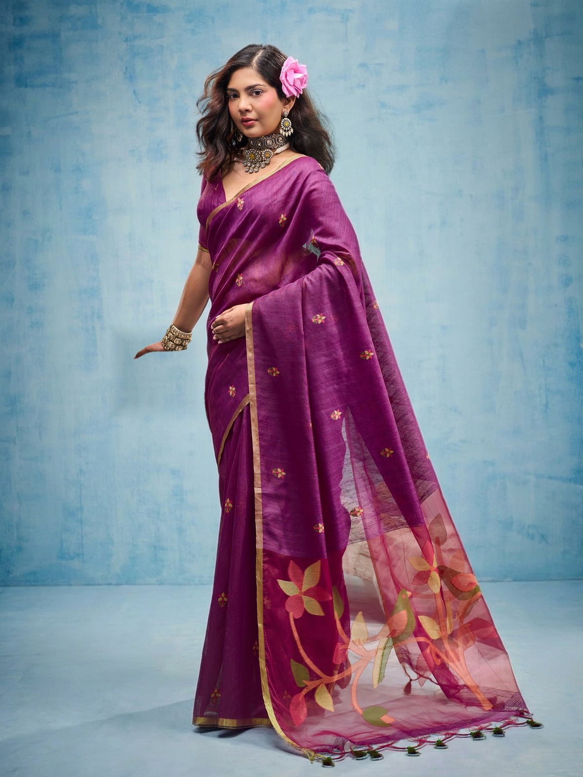 Peachmode Purple Munga Cotton Handloom Woven Saree - Image 1