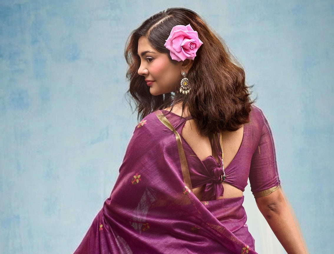 Peachmode Purple Munga Cotton Handloom Woven Saree - Image 2