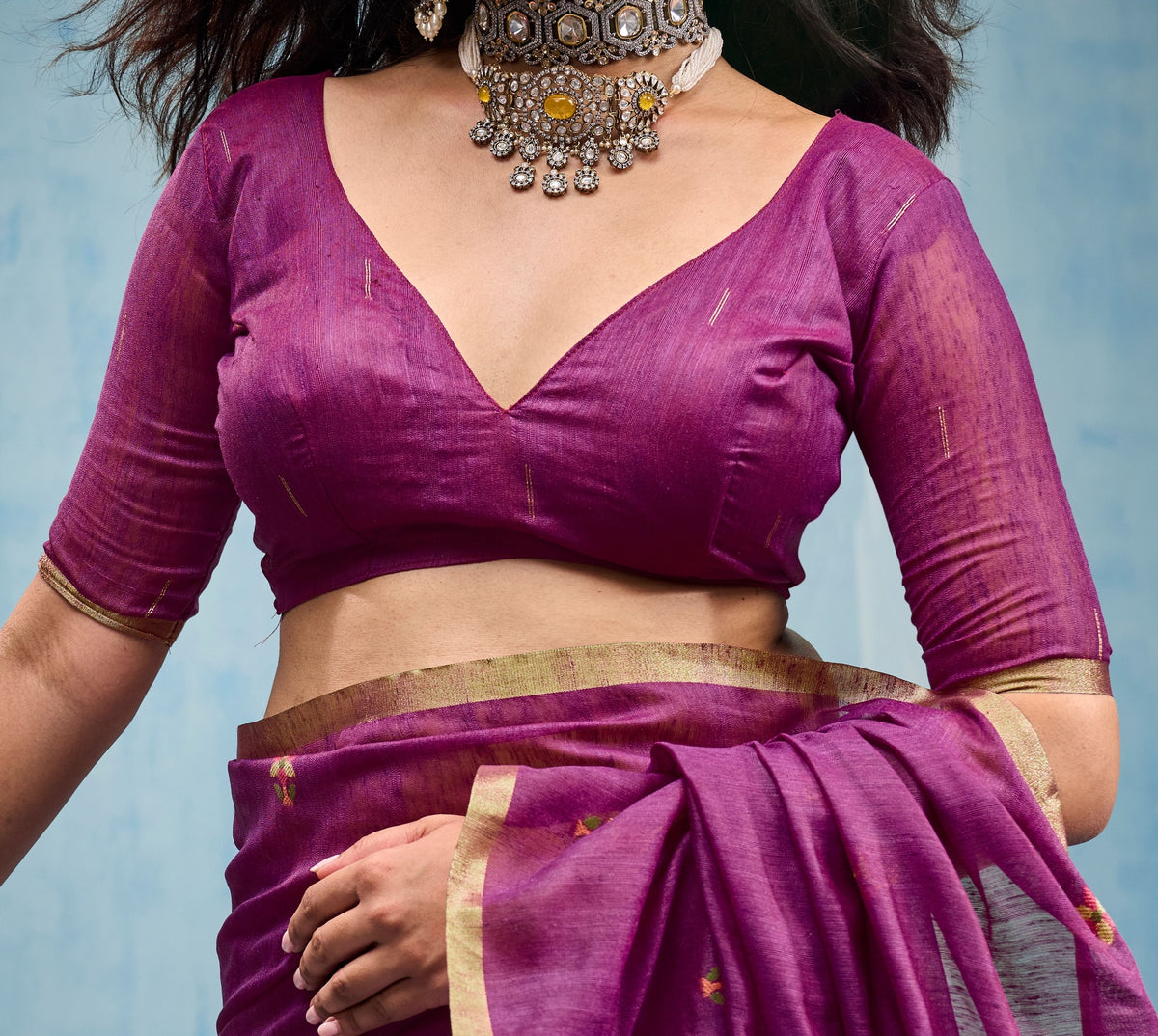 Peachmode Purple Munga Cotton Handloom Woven Saree - Image 3