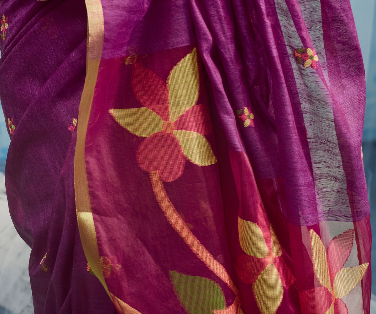 Peachmode Purple Munga Cotton Handloom Woven Saree - Image 5