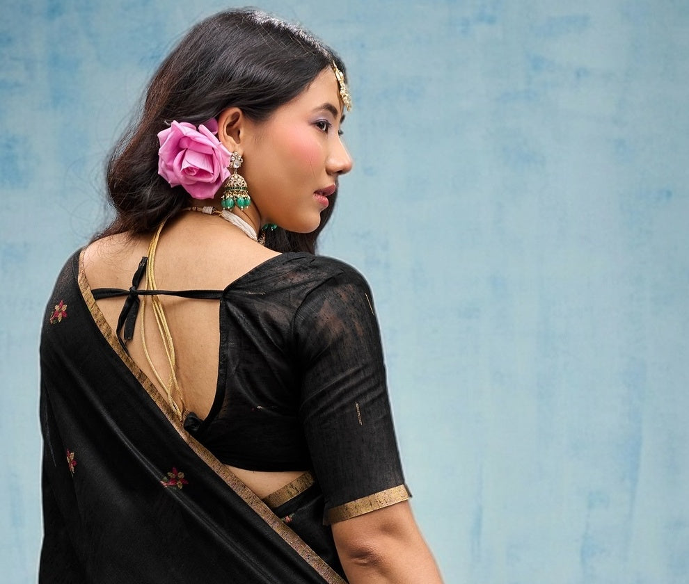 Peachmode Black Munga Cotton Handloom Woven Saree - Image 2