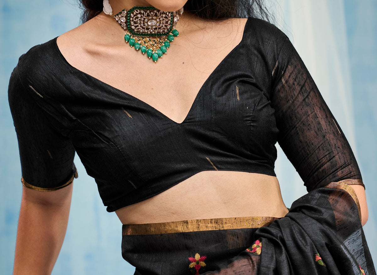 Peachmode Black Munga Cotton Handloom Woven Saree - Image 3