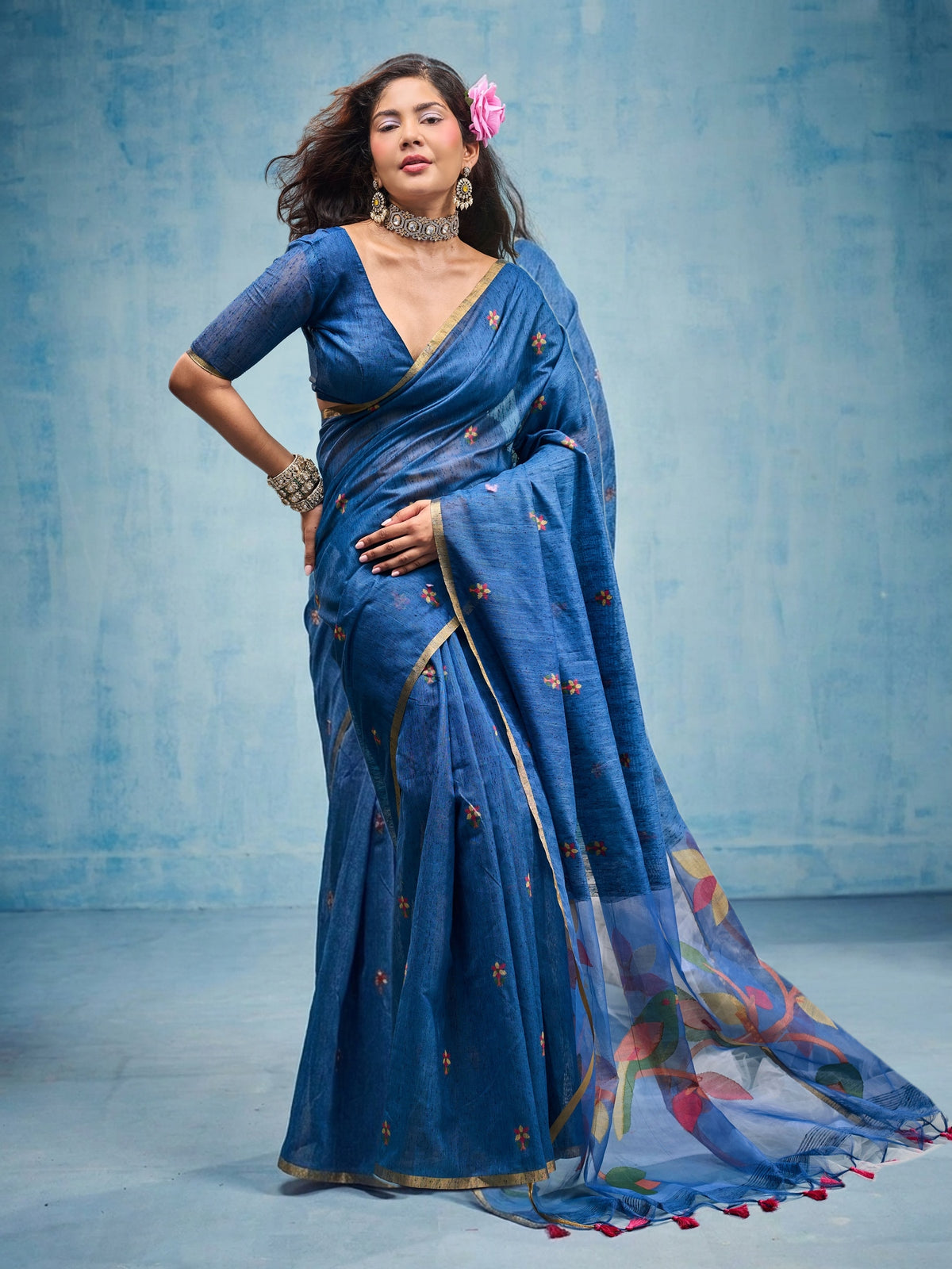 Peachmode Blue Munga Cotton Handloom Woven Saree - Image 1