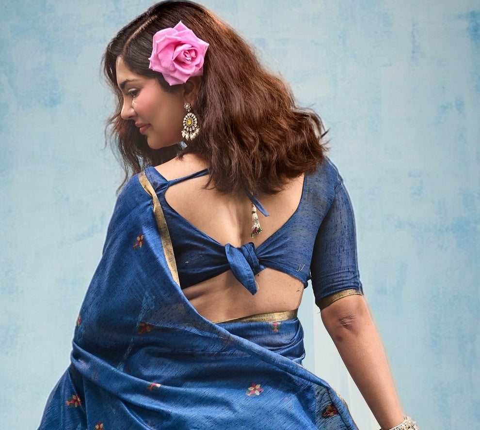 Peachmode Blue Munga Cotton Handloom Woven Saree - Image 2