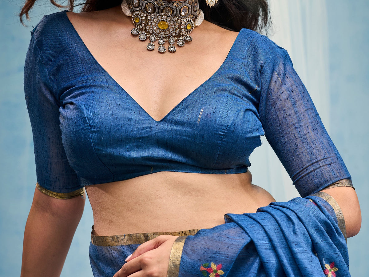 Peachmode Blue Munga Cotton Handloom Woven Saree - Image 3